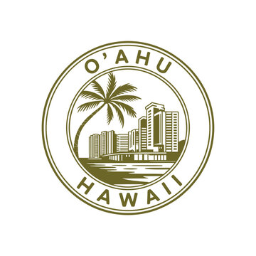 O ahu Hawaii emblem featuring palm trees and city skyline