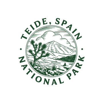 Vintage style emblem of teide national park spain with mountain