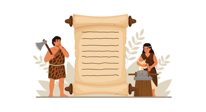 Ancient scene depicts caveman with stone axe and cavewoman holding baby standing beside large paper scroll in primitive setting.