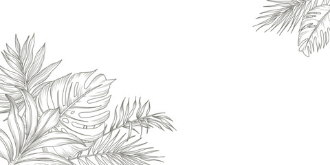 Obraz premium Tropical floral background with palm and monstera leaves. Hand drawn frame in sketch style. Vector illustration for design of card, banner, invitation, advertising and packaging