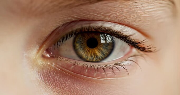 human eye with brown iris looking around.