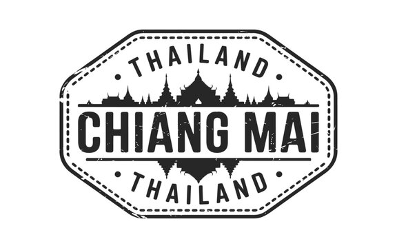 Vintage stamp illustration featuring chiang mai thailand and skyline