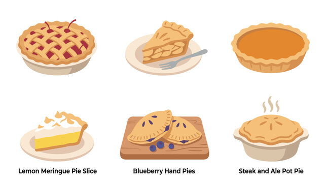 Homemade pie and dessert set with fruit pastries in flat illustration style