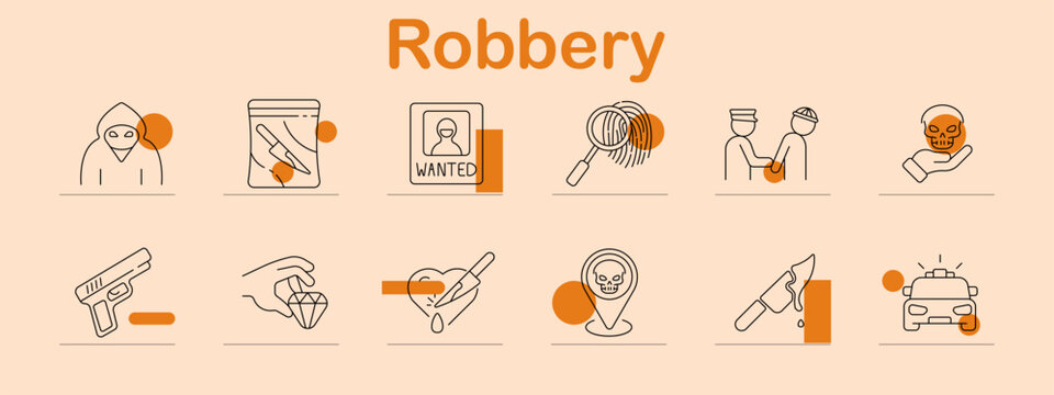 Robbery set icon. Line symbols depict masked thief, broken glass, wanted poster, fingerprint, arrest scene, skull hand, handgun weapon, stolen diamond, stabbed heart, danger marker