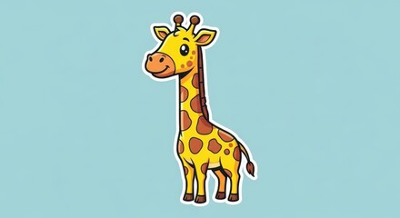 Obraz premium Cute Cartoon Giraffe Standing on a Light Blue Background.