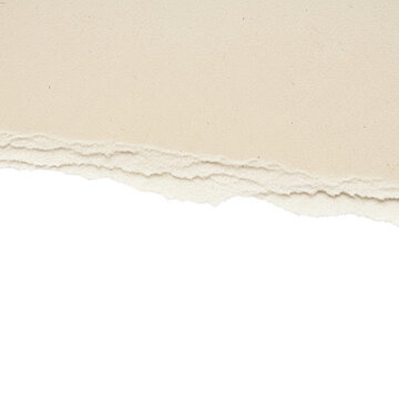 Torn paper edge on white background, beige recycled paper texture with rough deckle borders, minimalist scrapbooking element for collage