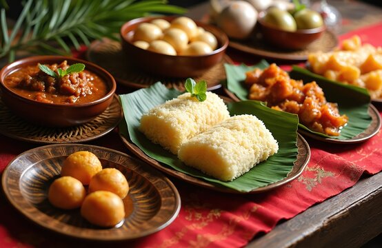Traditional Malay dishes served on banana leaves. Features sweet cakes, savory meat curry, and boiled eggs. Perfect for festive occasions like Ramadan and Eid.