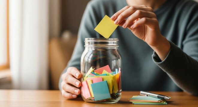 A person placing a colorful sticky note into a glass jar filled with similar notes on a wooden desk