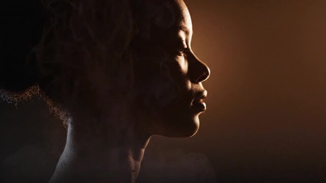 Corporate burnout recovery and cognitive clarity depicted by a diverse woman's profile with dissolving chaotic smoke revealing a calm mind