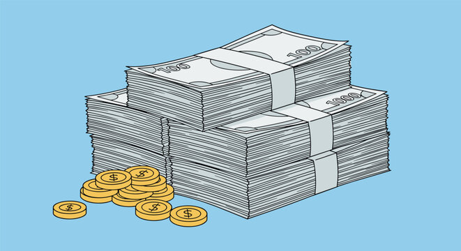 Large stack of hundred dollar bills and scattered gold coins on a blue background representing wealth, finance, and huge profit.