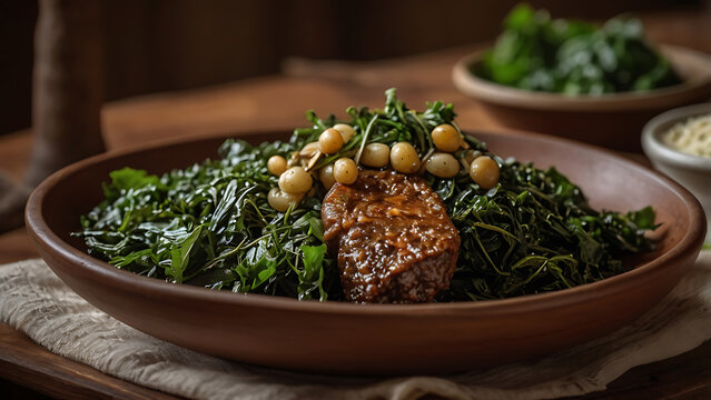 Zimbabwean sadza with saut&eacute;ed leafy greens (muriwo). Zimbabwe traditional authentic food. South African cuisine