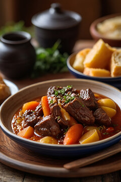 Zimbabwean sadza with rich beef stew. Zimbabwe traditional authentic food. South African cuisine.