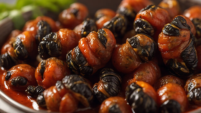 Zimbabwean cooked mopane worms in tomato sauce. Zimbabwe traditional authentic food. South African cuisine