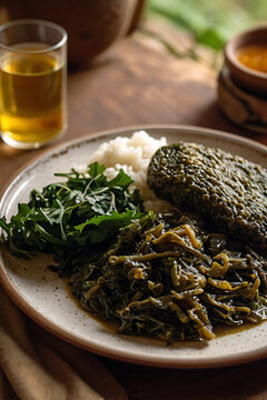 Zimbabwean sadza with saut&eacute;ed leafy greens (muriwo). Zimbabwe traditional authentic food. South African cuisine
