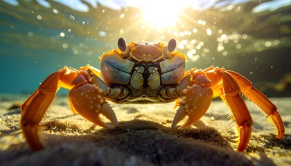 Fototapeta premium Close-up underwater shot of a vibrant orange crab on a sandy ocean floor, illuminated by bright, dappled sunlight