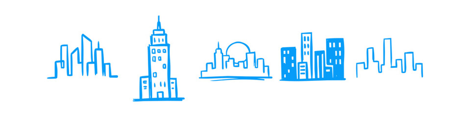 Obraz premium Set of five hand-drawn blue city skyline sketches on a white background. Minimalist urban architecture icons including skyscrapers and downtown silhouettes in a creative doodle style.