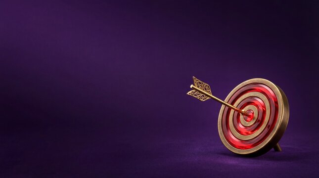 Golden arrow hitting the center of a red target on purple background