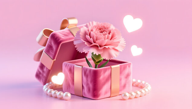 Warm 3D rendering of a Mother's Day gift box with pink carnations