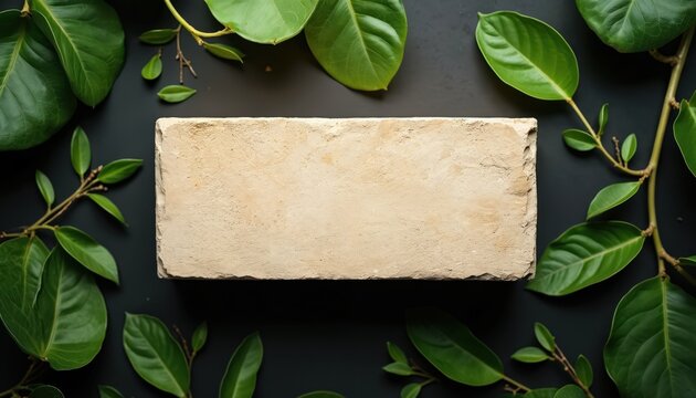 Light beige rectangular block rests on dark surface framed by fresh green leaves. Natural, organic, minimalist design for beauty, spa or product display. Top view.