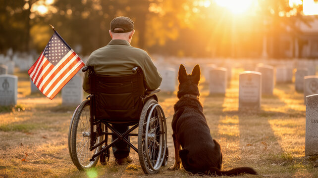 A person in a wheelchair with an American flag and a dog sits at a cemetery during a golden hour sunset