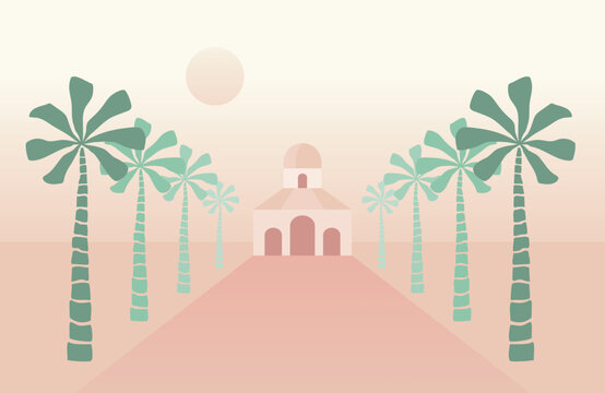 Minimalist tropical oasis with palm trees and domed architecture, pastel desert landscape illustration.