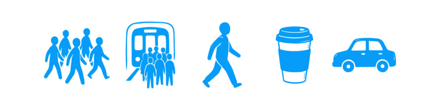Blue silhouette icon set depicting urban commuting and daily city life, featuring people walking, public transport, a pedestrian, a coffee cup, and a car. Minimalist flat design on white background.