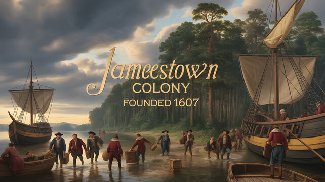 A historical painting depicting the founding of Jamestown Colony in 1607 with settlers and ships