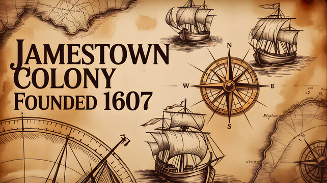 A vintage map illustration commemorating the founding of Jamestown Colony in 1607 with sailing ships and navigational compasses.