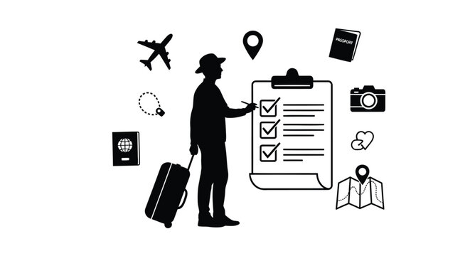 Travel, checklist, vector icons, black silhouette, tourism, planning, vacation, trip preparation