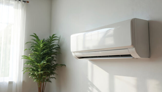 Modern split air conditioner unit mounted on white wall inside room. Leafy green plant near window with soft light. Unit provides cool air for comfort.