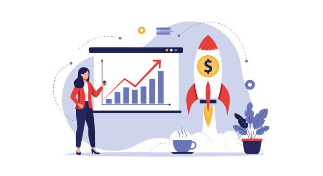Successful businesswoman analyzing a rising bar chart as a rocket launches to represent exponential financial growth and achievement.