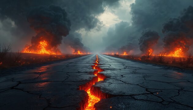 A cracked dark road splits open with glowing lava underneath. Wildfires burn intensely on both sides under a smoke filled cloudy sky. This scene signifies destruction and impending doom.
