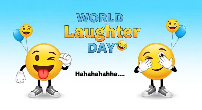 Two funny emoji characters with long arms and legs dancing to celebrate World Laughter Day festival