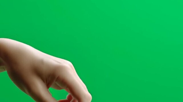 Human hand snapping fingers on green screen background for compositing.