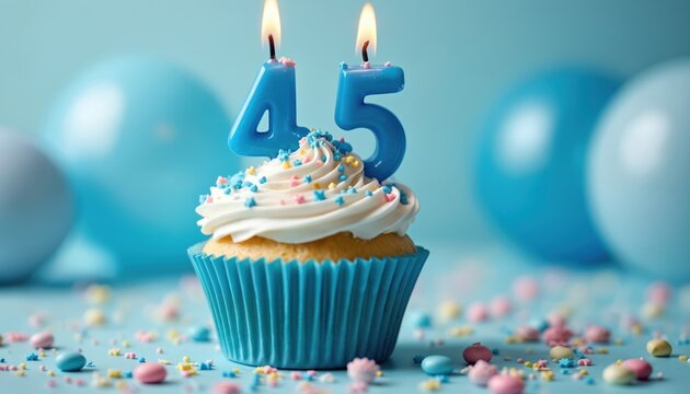 Blue candles with number 45 burn atop festive cupcake decorated with white icing, sprinkles. Balloons in background suggest celebration, perfect for milestone birthdays anniversaries. Sweet treat