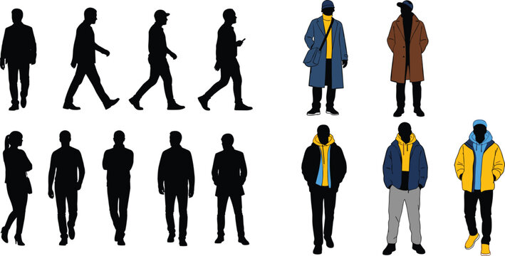 Men silhouettes and winter outfit characters vector set, walking poses and standing figures in coats and jackets, urban fashion collection illustration