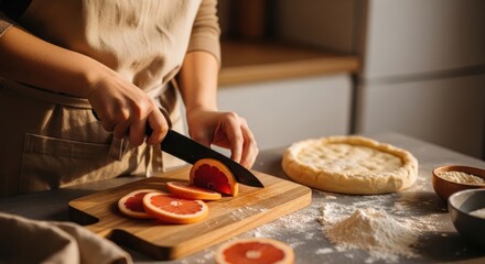 Fototapeta premium A person cutting grapefruit slices on a wooden board in a kitchen with a pie and baking ingredients