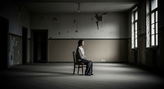 Solitary woman sitting on chair in abandoned, dilapidated room, looking out window, contemplating, sense of isolation and loneliness, atmospheric mood.