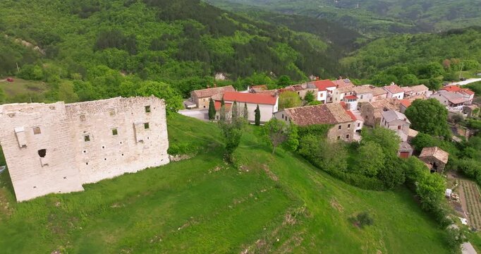 Aerial View of Paz Village and Medieval Fort Ruins, Istria, Croatia