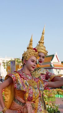 Thai Khon Dancers in Traditional Costumes Perform at Wat Suthat Bangkok