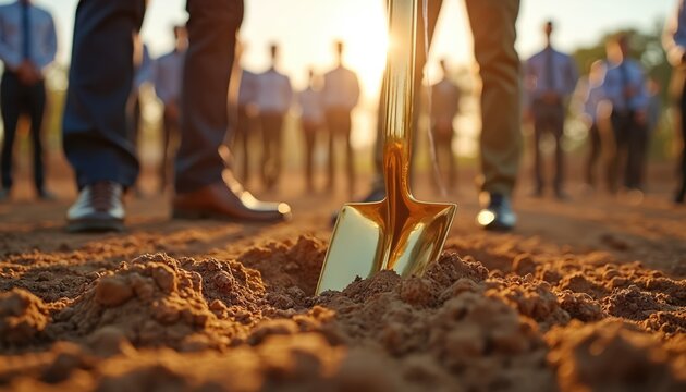 Golden shovel starts construction project ceremony. Men break ground for new build project. Future begins at groundbreaking event. Success starts now.