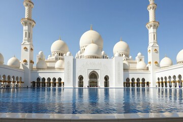 Fototapeta premium Grand White Mosque with Domes Reflected in Tranquil Pool