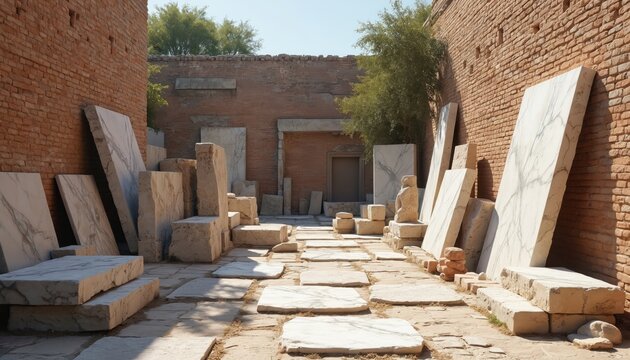 Stone blocks and marble slabs lean against red brick walls. Pavement tiles form a path. Ancient masonry elements await reconstruction or display. History and heritage are visible in details.