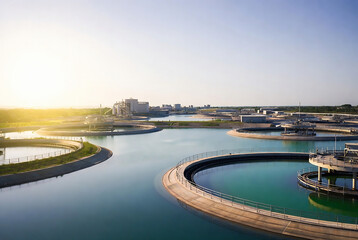 Naklejka premium Industrial wastewater treatment facility with circular tanks and canals, processing water under a bright sunrise.