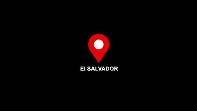 Ei Salvador location symbol. Panama country name text down location pin pointer icon black background 4K video.