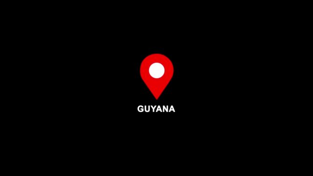 Guyana location pin animation. Map marker icon with country name on black background 4k video.