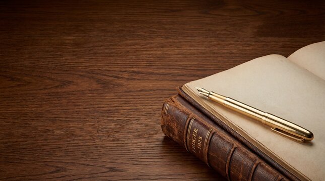 Old antique ledger book and golden fountain pen on wooden table