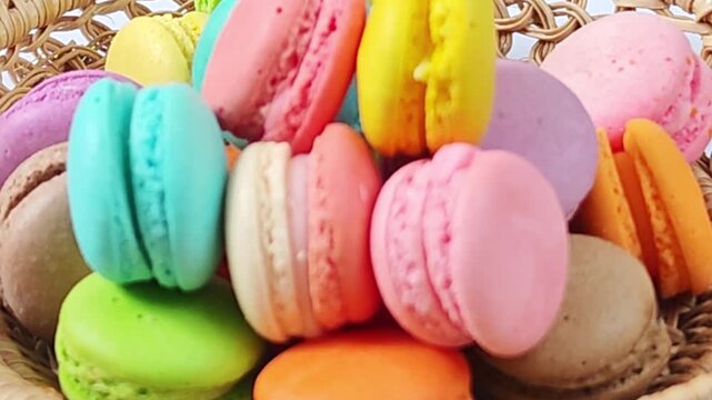 tack of colorful macarons with detailed textures and vibrant colors
