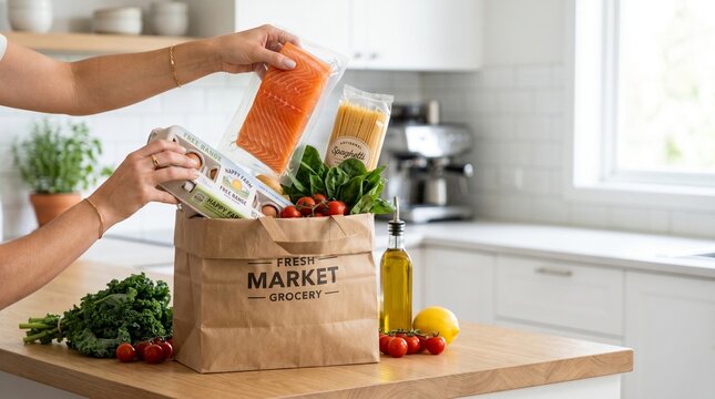 Dynamic grocery shopping healthy food concept with human hands