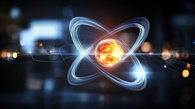 A glowing abstract visualization depicting the inner structure and energy dynamics of an atom representing the fundamental concepts of physics and nuclear science
